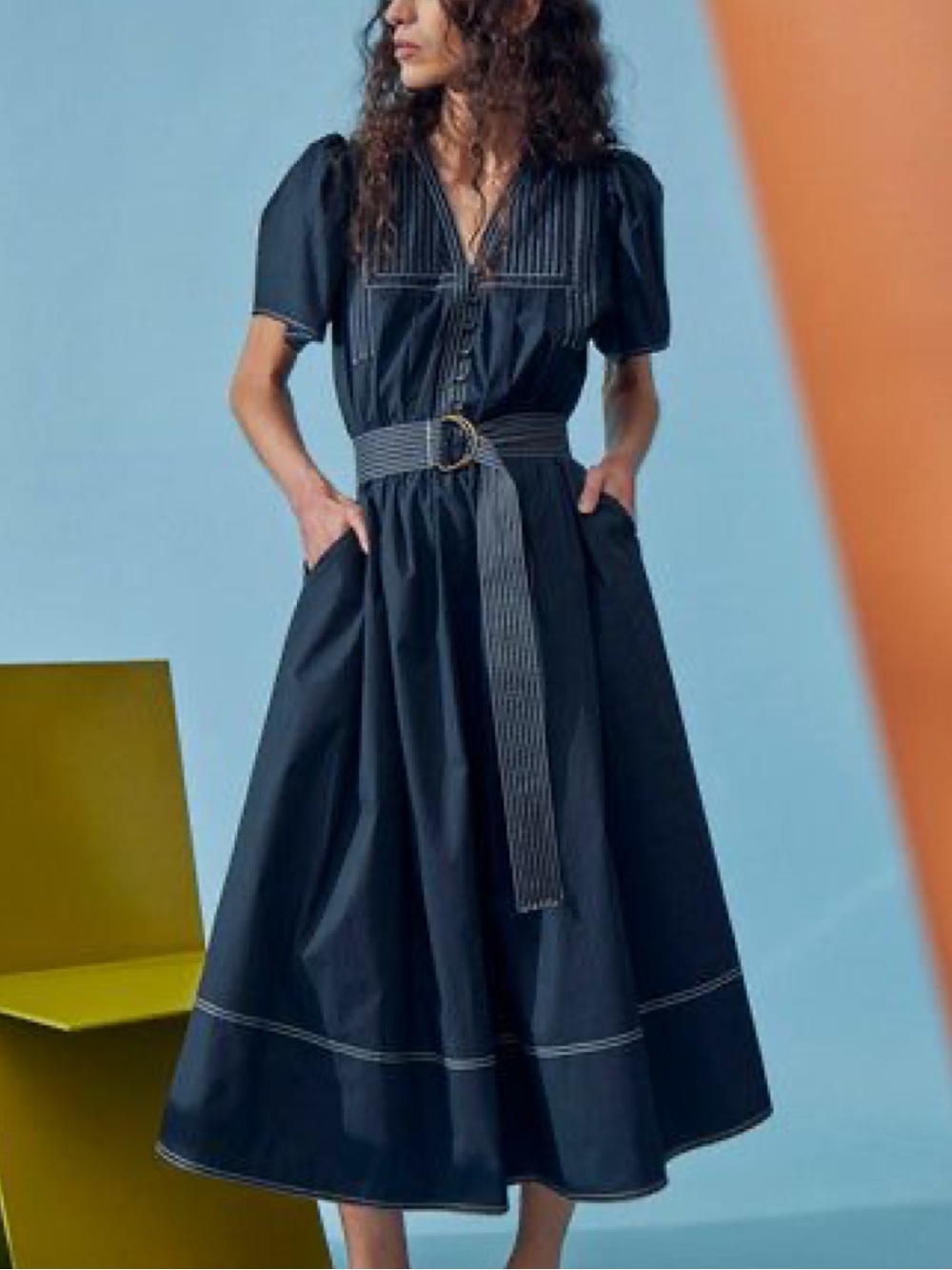 Hunter Bell Black Belted V-Neck Midi Dress 100% cotton size medium M
